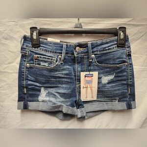 Levi's Denizen Mid Rise Shortie Dark Blue Rolled Cuff Distressed Size 3 W26 NWT